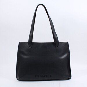 Chanel Logo Embroidery Caviar Leather Black Tote Gold